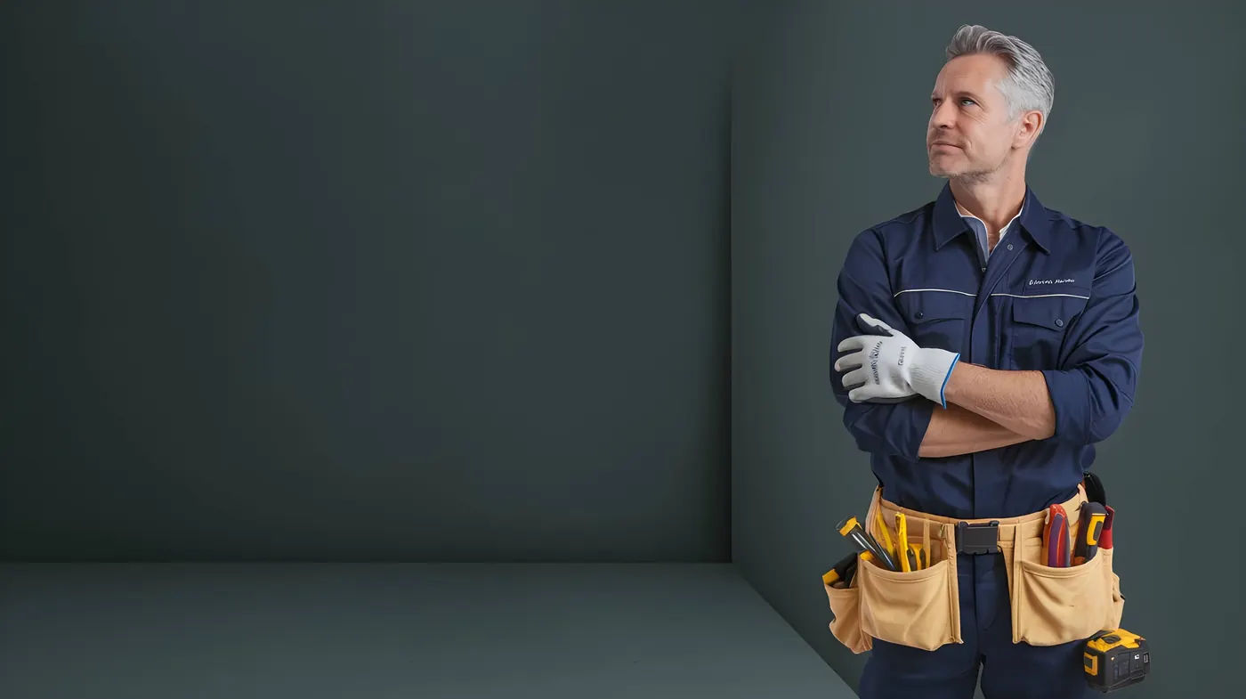 Handyman in navy overalls with a tool belt, standing with arms folded
